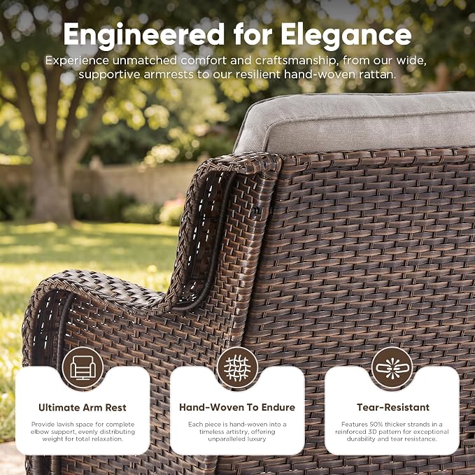 Belord 3-Piece PE Wicker Outdoor Sofa with 2 Ottomans, Luxury Patio Couch Convertible to Chaise Lounge, All-Weather High Back Deep Seat Woven Furniture for Deck, Porch - Brown/Beige