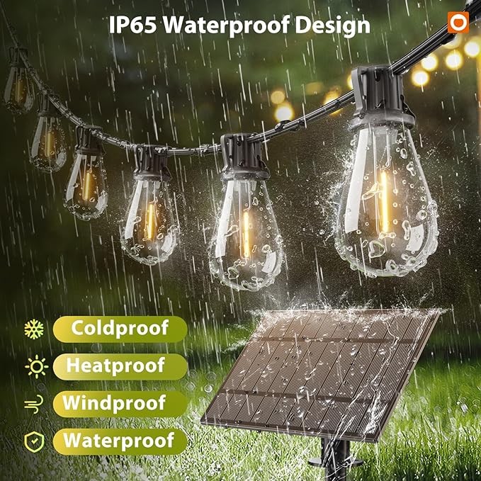addlon 54FT(48FT+6) Solar String Lights Outdoor, Waterproof, Last 20+ Hrs | 16 Shatterproof LED Bulbs, USB Charging, Dimmable, Timer Remote, Easy Install for Garden, Backyard, Pergola and Party