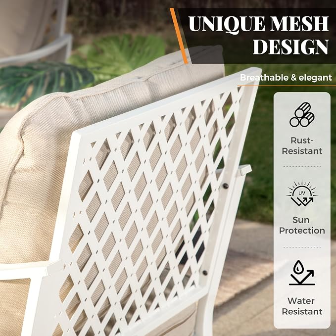 MIXPATIO 6 Piece Patio Furniture Set, 4 x Fixed Chair, 1 x 3-Seat Sofa with Marbling Coffee Table, All Cushioned 7 Seats Outdoor Conversation Set for Lawn Garden Backyard, Beige
