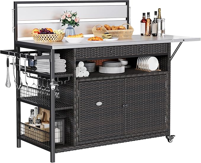 YITAHOME XL Outdoor Kitchen Wicker Island Rolling Cart & Storage Cabinet, Wheels and Stainless Steel Extended Table Top, Side Handle for Patio Kitchen or Bar Cart, Dark Brown
