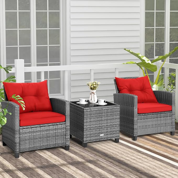 COSTWAY 3PCS Patio Furniture Set, PE Rattan Wicker Sofa w/Washable Cushion and Coffee Table, Tempered Glass Tabletop, Outdoor Conversation Set for Balcony, Porch, Yard, Backyard, Lawn, Red