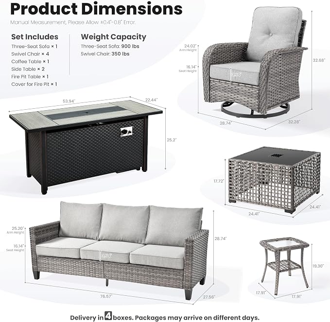 ovios 9 Pieces Patio Furniture Set, Outdoor Wicker Sofa Couch with Swivel Glider Chairs Fire Pit Table, Modern Deep Seat Rattan Conversation Sets for Deck Porch, Dark Grey