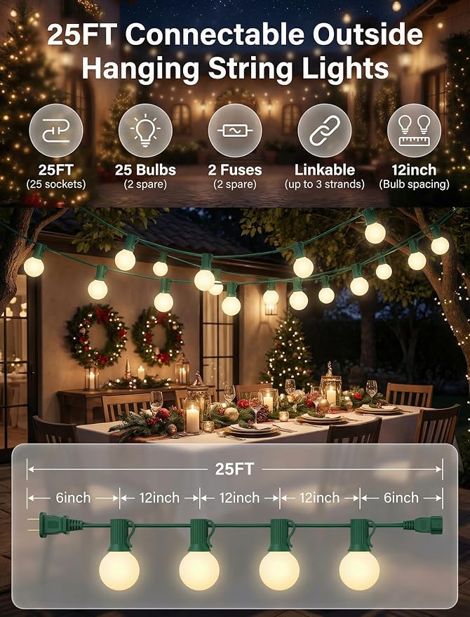 25FT G40 Christmas Lights, 25 Frosted White Bulbs, Green Wire | IP44 Weatherproof, 5W Glass Incandescent Bulbs, E12 Bases, 2 Spares, Connects Up To 3 Strands for Trees and Pergolas