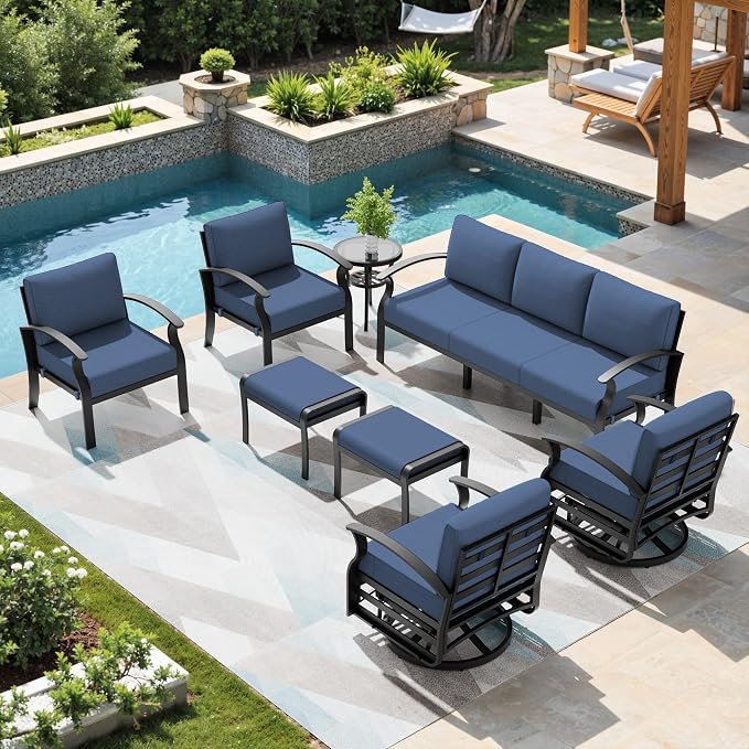Patio Furniture Set 9-Seat Aluminum Armrest Sofa, Aluminum Outdoor Furniture with 2 Swivel Chairs, 5" Cushions, Outdoor Sectional with High Backrest & 2 Footstools for Backyard, Poolside - Blue