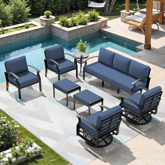Patio Furniture Set 9-Seat Aluminum Armrest Sofa, Aluminum Outdoor Furniture with 2 Swivel Chairs, 5" Cushions, Outdoor Sectional with High Backrest & 2 Footstools for Backyard, Poolside - Blue