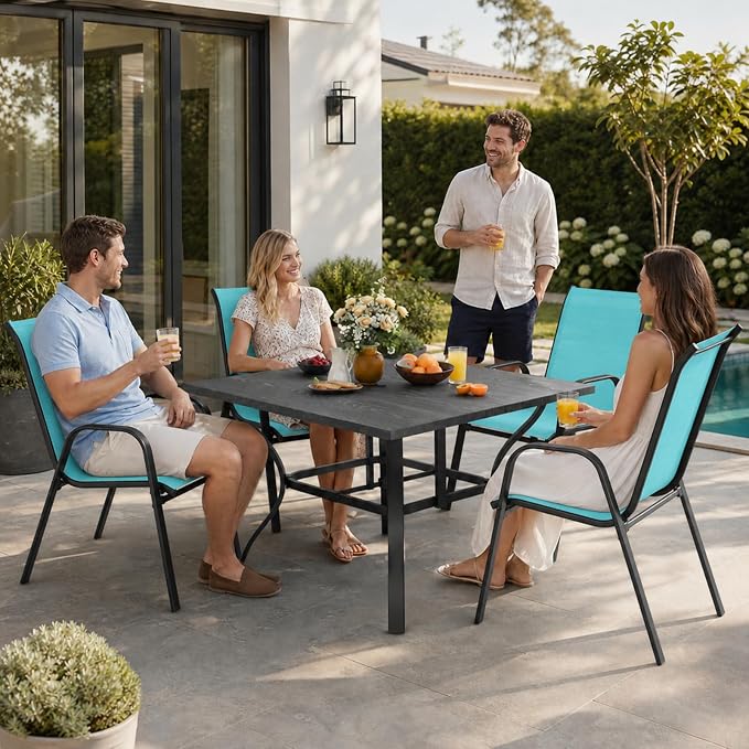 5 Piece Patio Dining Set, Stackable Outdoor Chairs Set of 4 with Textilene Fabric, 37.8" Wood-Grain Square Table with Umbrella Hole for Backyard Lawn Party (1 Table + 4 Chairs) (Sky Blue)