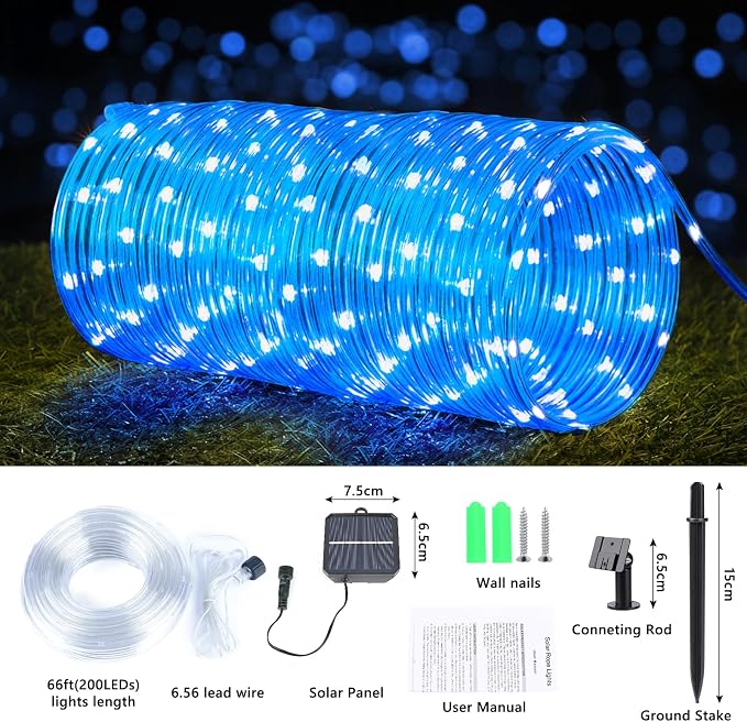 Jnaurb Solar Rope Lights, 66ft 200LED Solar String Lights, 8 Modes Waterproof Solar Outdoor Light, Flexible Clear Trampoline Light for Garden Backyard Patio Deck Porch Pool Tree Decor - Blue