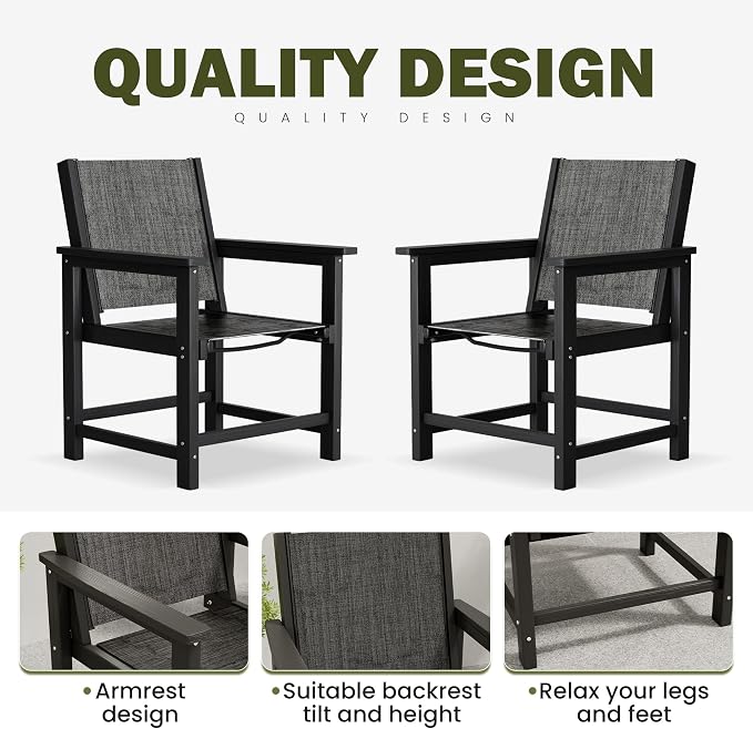 7 Piece HDPE Patio Dining Set, All-Weather Outdoor Table and Chair Sets with Umbrella Hole Outdoor Dining Table Sets of 6 Textilene Fabric Patio Chairs for Backyard, Poolside, Garden, Deck(Black)