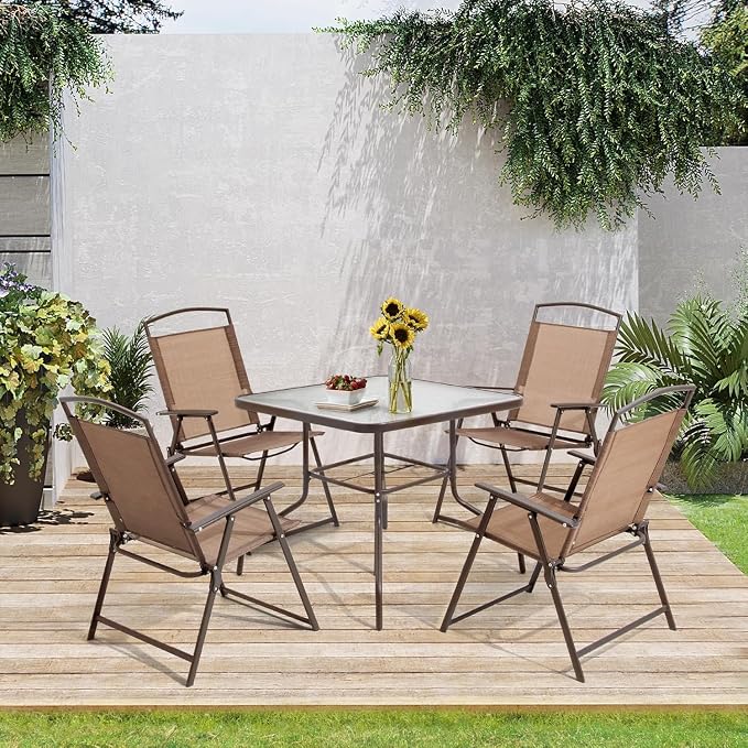 Crestlive Products 5 Piece Patio Dining Set with 4 Folding Chairs and Table Outdoor Dining Furniture with Square Glass Tabletop, Umbrella Hole for Bistro, Garden, Backyard, Deck (Brown)