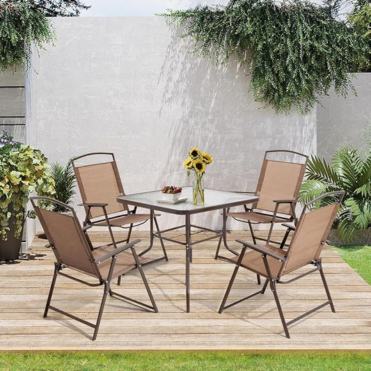 Crestlive Products 5 Piece Patio Dining Set with 4 Folding Chairs and Table Outdoor Dining Furniture with Square Glass Tabletop, Umbrella Hole for Bistro, Garden, Backyard, Deck (Brown)