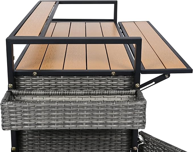Merax Outdoor Bar Table & Storage Cabinet, Wheels and Drop Leaf Table Top, Patio Bar Table with Raised Shelf for Patio Kitchen or Bar Cart, Grey