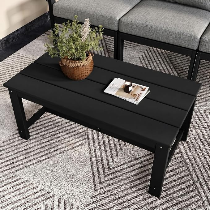 37.6 Inch HDPE Patio Coffee Table, Weather-Resistant Outdoor Coffee Table Easy Assembly for Lawn, Garden, Balcony, Deck (Black Frame)
