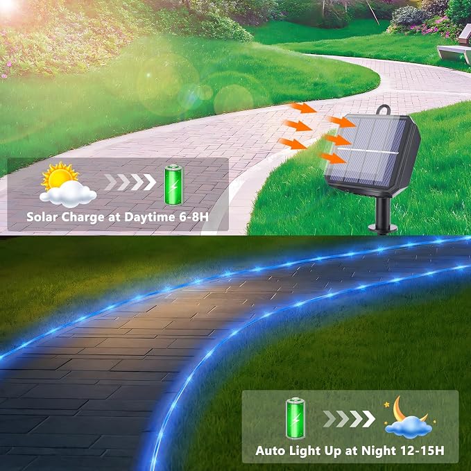 Jnaurb Solar Rope Lights, 66ft 200LED Solar String Lights, 8 Modes Waterproof Solar Outdoor Light, Flexible Clear Trampoline Light for Garden Backyard Patio Deck Porch Pool Tree Decor - Blue