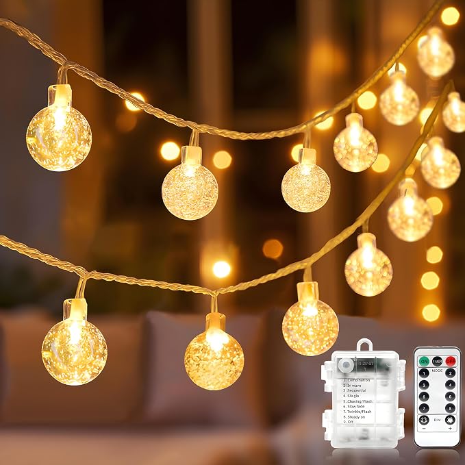 Metaku Globe String Lights Battery Operated Fairy Light 26ft 60LED & Remote | Waterproof Indoor Outdoor Hanging String Lights Decorative Christmas Lights for Home Party Patio Garden Classroom Wedding