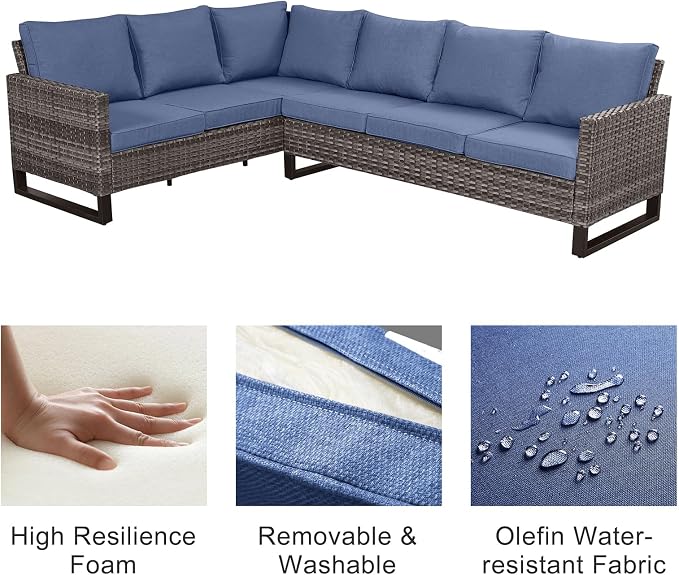 Belord Outdoor Sectional Sofa 6 Seater L Shaped Couch Wicker Patio Conversation Furniture Set Rattan Outdoor Furniture with Removable Washable Cushion Blue