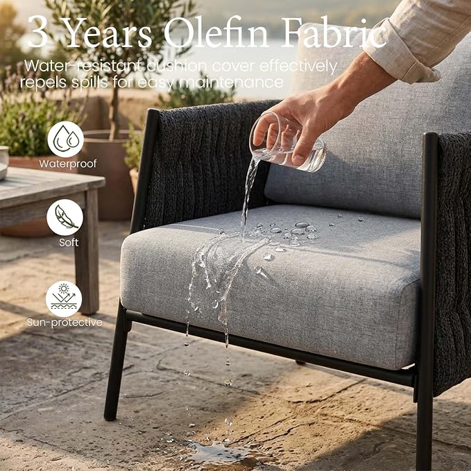 LayinSun 4 Piece Outdoor Furniture Set with Coffee Table, Modern Rope Woven Patio Conversation Sofa Set with Olefin Braid and Deep Seating