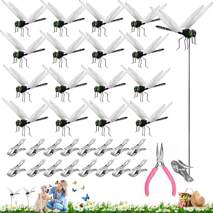 16Pcs Black Dragonfly Clip, Realistic DIY Fake Dragonflies Garden Outdoor Decor, Plastic Dragon Fly Clips Decorations with Pliers & Clips(Large)