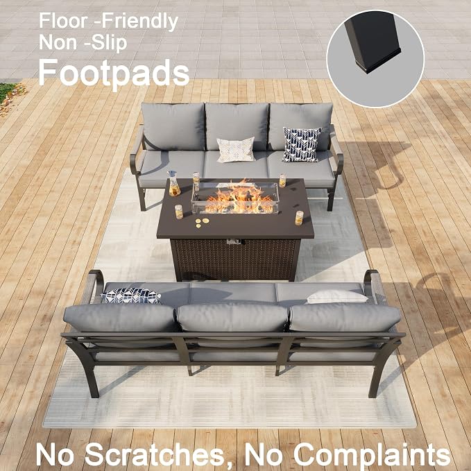 3 Pieces Patio Furniture Set, Metal Outdoor Conversation Sets with Fire Pit Table for Backyard Garden Deck Porch Poolside (Thick Gray Cushions)