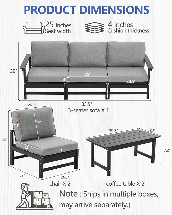 HDPE Outdoor Patio Furniture Set, 7-Piece Sofa Set with 5-Seat Couch 2 Coffee Tables, Weatherproof Conversation Set with Cushions, All-Weather Waterproof, for Garden, Porch & Backyard