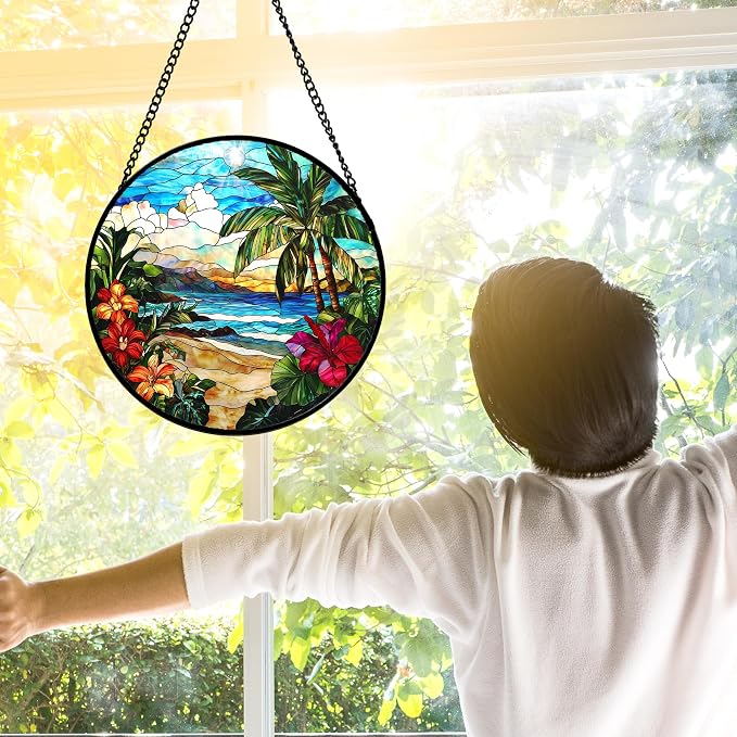 DASTOLL Stained Glass Window Hanging, Blue Beach Scenery Suncatcher Diamond Glass Panel Hangings Sun Catchers Decor for Birthday for Women, Men, Wife, Aunt, and Mom 6.3 in