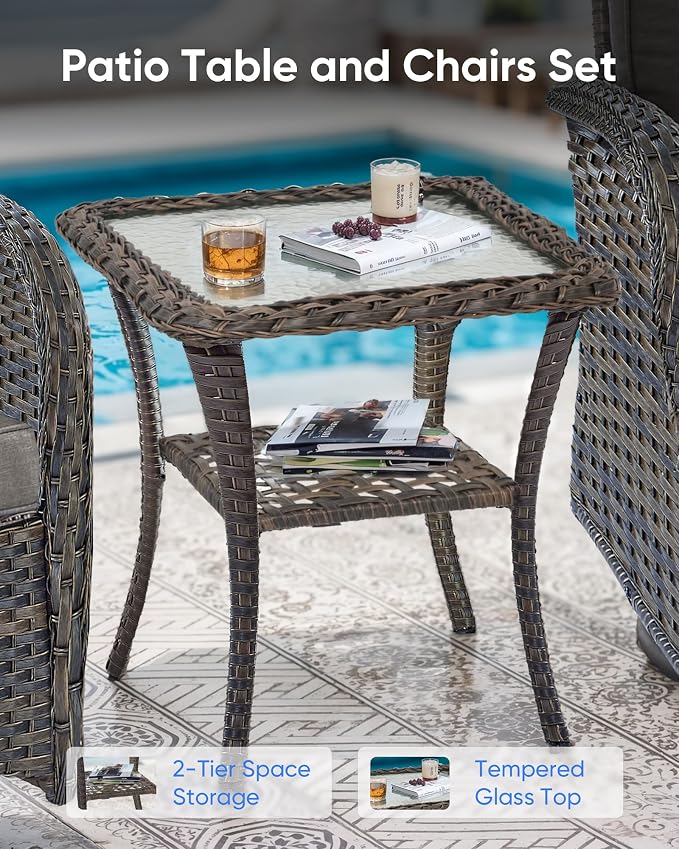 Outdoor Rocking Chairs Set of 2-Patio Table and Chairs Set Outdoor Conversation Furniture Sets for Deck Porch Garden Balcony Poolside-Brown/Grey