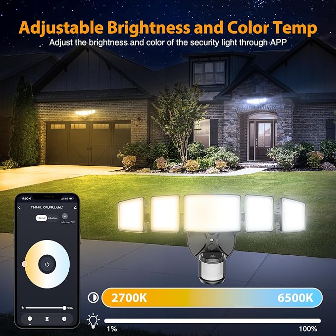 Onforu 120W Smart LED Security Lights Motion Sensor Outdoor 5 Heads, 340° Illumination WiFi Alexa Flood Light 12000LM APP Control, 2700K-6500K Exterior Motion Detector, IP65 Wall Light for Yard, Balck