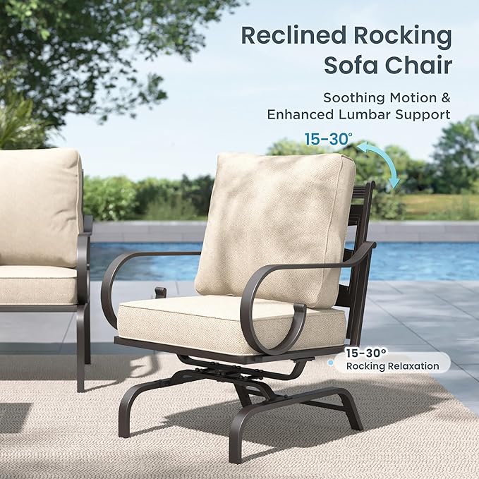 PHI VILLA Patio Furniture Set, 3-Seater Sofa, 2 Fixed Chairs, 2 Rocking Chairs and a Coffee Table, Outdoor Metal Conversation Set with 5.75" Extra Thick Cushion for Garden Backyard Deck, Beige