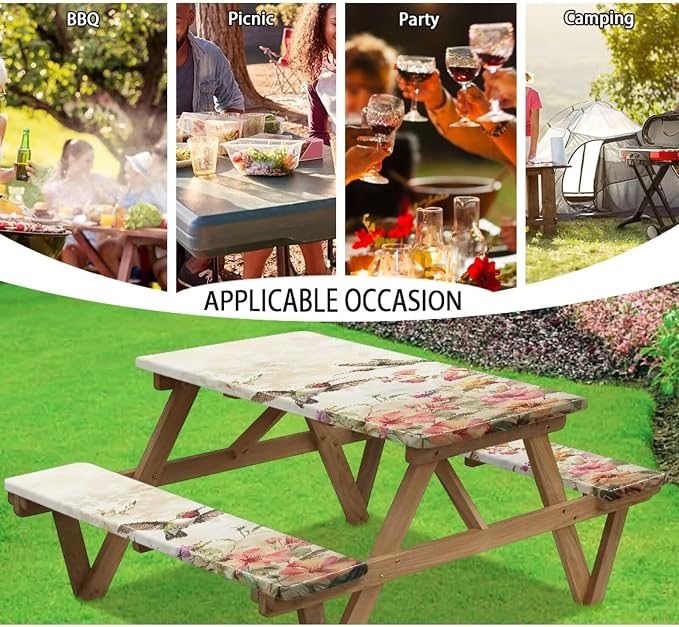 Hummingbird Picnic Table Cover with Bench Covers Elastic Fitted Water Resistant Windproof Tablecloth with Storage Bag - 94x30 Inches 3Pcs Set Patio Table Cover for Outdoor Camping Garden