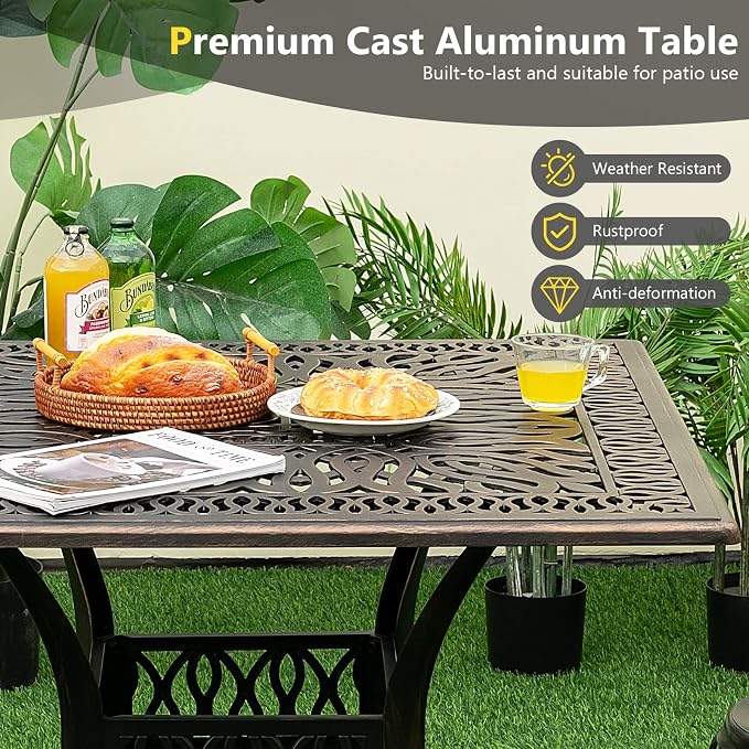 Giantex Patio Dining Table, Cast Aluminum Outdoor Table for 4 Persons, Heavy-Duty Structure, Adjustable Footpads, All-Weather Square Umbrella Table with Hole, 35.4" Lx35.4 Wx29.5 H