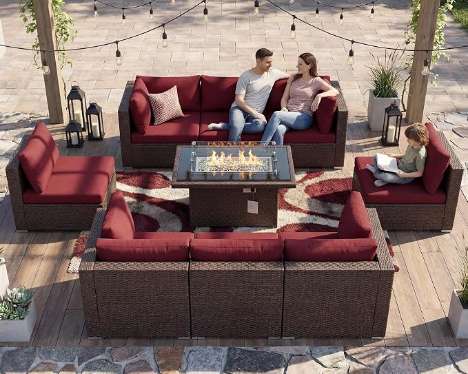 BULEXYARD 9 Pcs High Back Outdoor Sectional Set with Firepit Table, Modern Luxury Patio Furniture Seating Set, Oversized Wide Deep Modular 8-Seater Couch Sofa for Backyard, Brown Wicker & Red Cushion