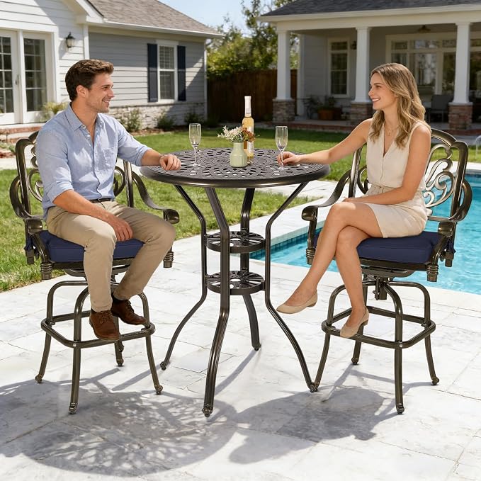 MEETWARM Patio Height Bar Table, 31" Bar Height Bistro Table, Outdoor Cast Aluminum Bistro Round High Top Dining Table with 2" Umbrella Hole for Garden Deck Backyard, Dark Bronze