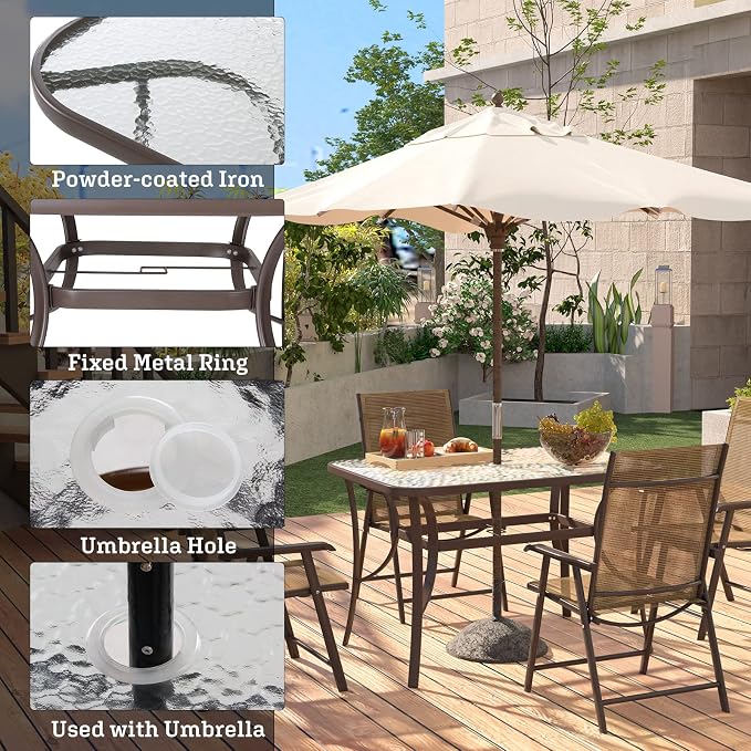 soges 47in Outdoor Patio Bistro Coffee Tea Table, Rectangular Tempered Glass Steel Frame Dining Table with Umbrella Hole,All Weather Outside Desk for Garden Balcony Backyard, Brown 30LHYW-OT02BR120