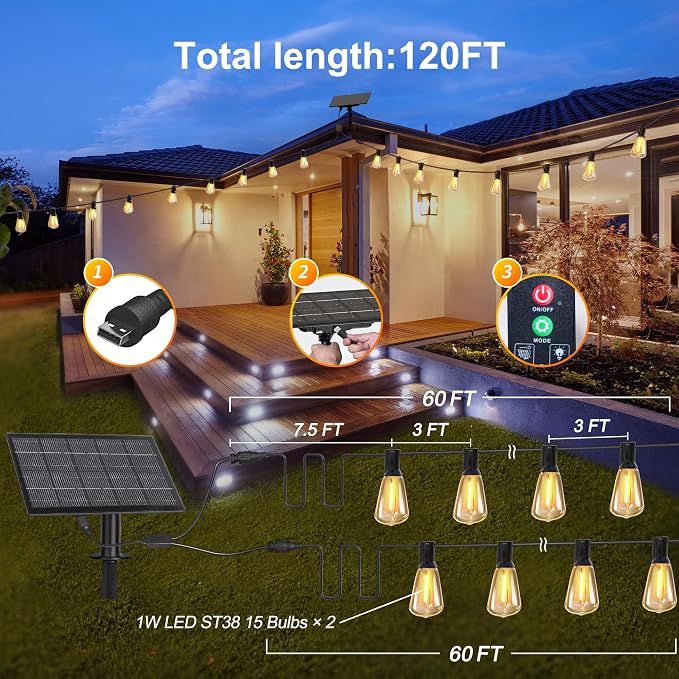 BLIATLUS 120FT Solar String Lights, Waterproof Remote 30+2 Shatterproof ST38 LED for Patio Garden
