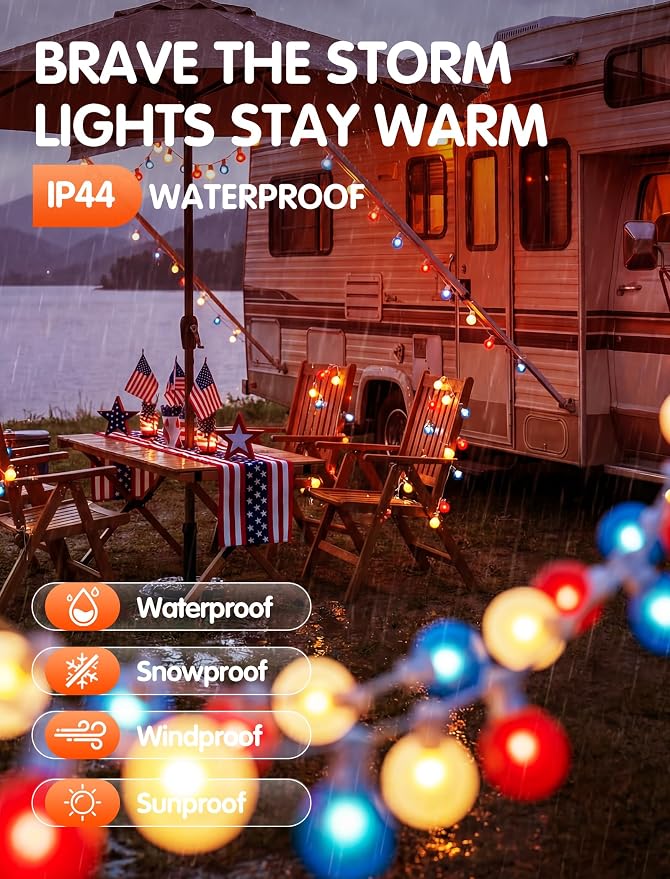 SUNSGNE 25FT G40 Red White and Blue String Lights Outdoor, Frosted Globe 4th of July Lights, Waterproof Connectable Patriotic Light for July 4th Independence Day, Memorial Day