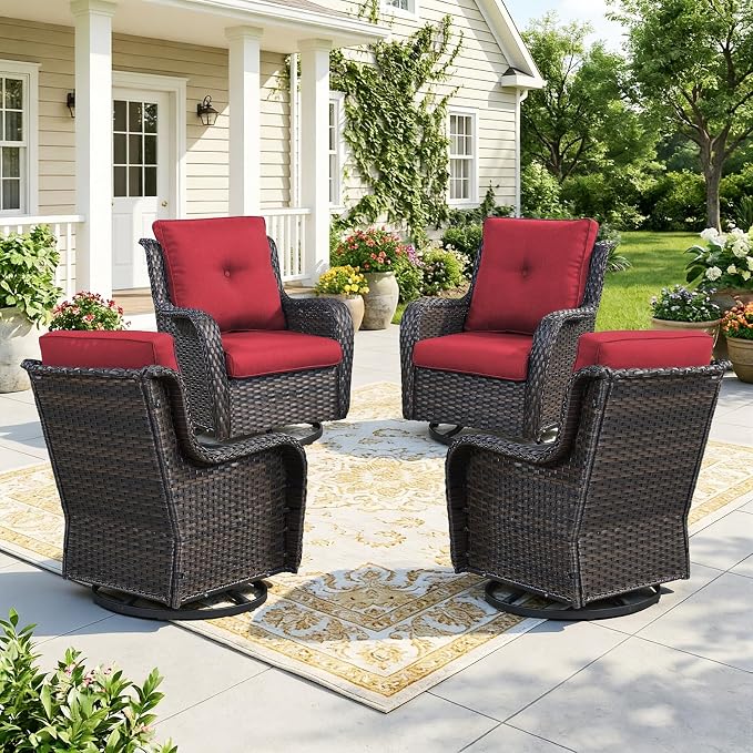 Wicker Patio Furniture Set- 4 Pieces Swivel Patio Chairs,PE Rattan Outdoor Rocking Chairs Porch Furniture for Garden Deck Brown Wicker