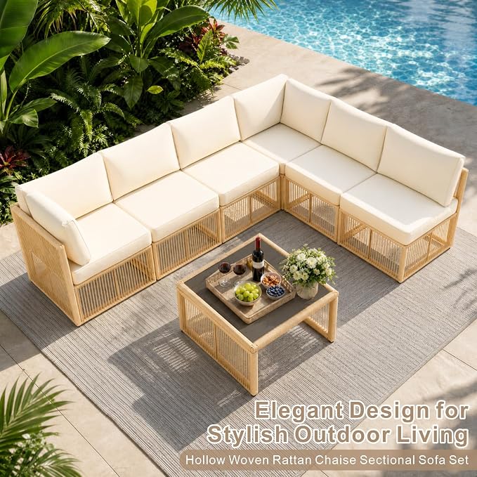 7 Piece Outdoor Patio Furniture Set, Wicker Sectional Sofa,Thick Cushions, All Weather Rattan Conversation Sets with Arm Chairs and Coffee Table for Backyard, Porch, Balcony, Deck, Garden