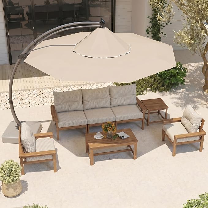 HDPE Outdoor Patio Furniture Set, 11-Piece Sectional Set with 3-Seat Sofa, 4 Armchairs & 4 Tables, All-Weather Couch with Beige Washable Cushions for Porch, Lawn (Teak Frame)