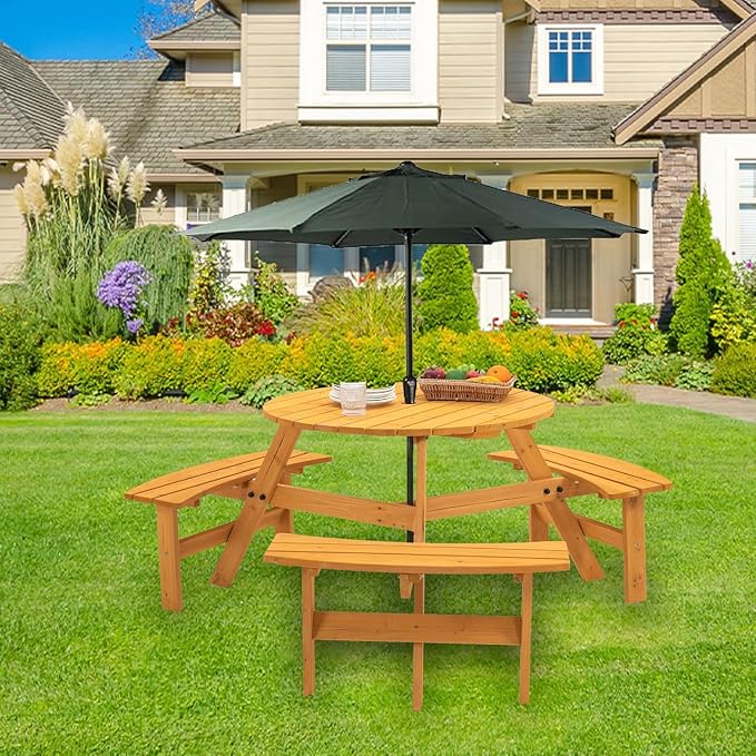6 Person Picnic Table Round Outdoor Dining Table with Umbrella Hole,3 Built-in Benches,Wooden Outside Picnic Tables and Bench Set for Garden,Patio, Backyard,1720LBS Total Capacity,Natural