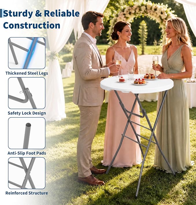 Garvee 32" Folding Cocktail Table, HDPE Round High Top Table with Metal Frame & Locking Legs, Folding Bar Table for Patio Backyard Indoor & Outdoor Events, White
