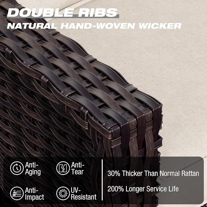 Joyside Wicker Patio Furniture Sets, 7 Pieces Upgraded Large Size Outdoor Furniture with 4 Swivel Rocking Patio Chairs, 3-Seat Sofa, Outdoor Ottoman, Thick Cushions, Wide Armrest, Beige