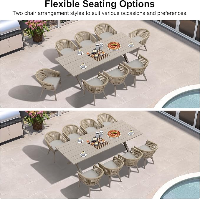 PURPLE LEAF 9 Piece Longer Outdoor Dining Set with Patio Aluminium Dining Table and Wicker Chairs Modern Furniture Cushions Sets for Backyard Indoor Decor Kitchen Champagne