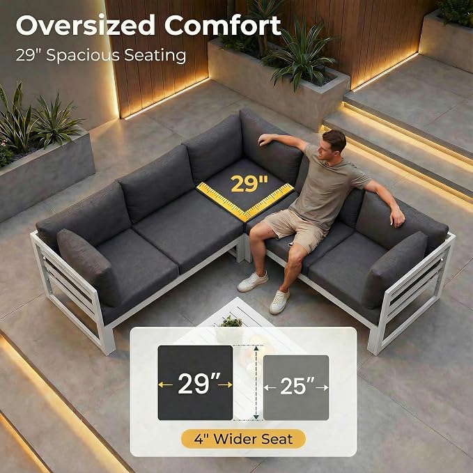 NICESOUL 8 Pcs Large Modern Aluminum Outdoor Sofa, 29" Deep Wide Seated, 500 lbs Durable L Shaped Sectional Set for Heavy People, Water Resistant Modular Patio Furniture Set for Backyard, Dark Gray