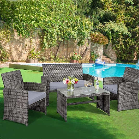 Outdoor Conversation Set, 4 Pieces Wicker Patio Furniture Set with Ergonomic Curved Design, Patio Chair Set with Water-Resistant Cushion & Tempered Glass Table for Balcony, Porch(Gray)