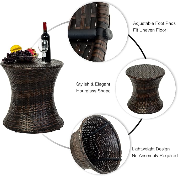 Sundale Outdoor Small Side Table Patio Rattan End Table 20 Inch Hourglass Wicker Accent Tables Steel Frame Lightweight Brown Mesa Auxiliar pequeña Mesa Auxiliar de ratán marrón