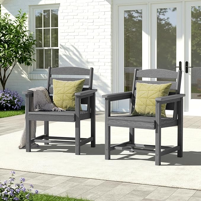 KINGYES All Weather Outdoor Dining Chairs Set of 2, HDPE Oversized Patio Chairs, Gray