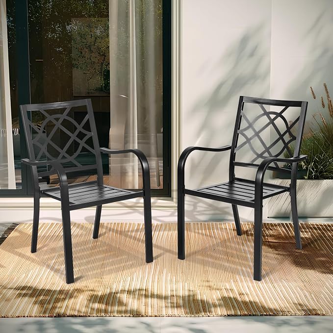 SUNCROWN 2 Pieces Wrought Iron Black Chairs 300 Lbs Outdoor Dining Chairs, Patio Metal Stackable Chair with Armrest for Backyard, Garden, Poolside