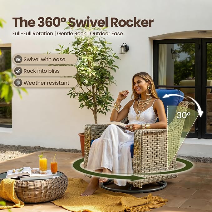 5 PCS Patio Conversation Set, All-Weather Rattan Wicker Outdoor Patio Furniture Sets with High Back Swivel Rocker Chair, Solar Light Coffee Table for Porch,Backyard,Balcony,Navy Blue