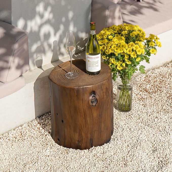 COSIEST Outdoor End Table Black Walnut Colored Faux Wood, Hand-Painted Wood Stump Stool, Ottoman or Plant Stand, Deck or Garden