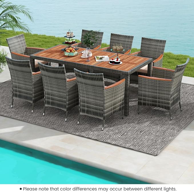 9 Pieces Outdoor Wicker Dining Set with Umbrella Hole, Patio Dining Furniture Set with Acacia Wood Table and Chairs, Garden Dining Table Set for Backyard, Desk, Poolside (Gray)