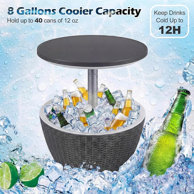 Outdoor Cooler Table, Adjustable Cool Bar with 8 Gal Ice Bucket, Drain Plug | 3-in-1 design, durable rattan-style finish, easy assembly, simple cleanup, stylish outdoor entertaining solution